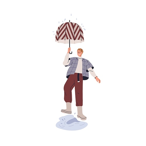 Happy character walking in rain. Smiling excited person strolling under umbrella in rainy weather, stepping into puddle in rubber boots. Flat graphic vector illustration isolated on white background.