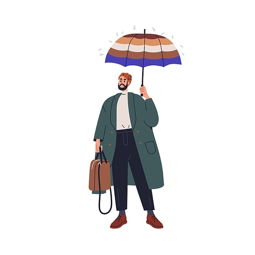 Man standing under umbrella in rain. Business person in coat, holding canopy in hand in rainy weather. Modern office worker with parasol. Flat graphic vector illustration isolated on white background.