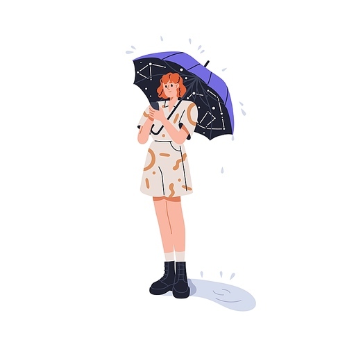 Girl standing under umbrella, holding mobile phone. Young woman with smartphone in hand in rainy weather. Female with canopy, summer rain. Flat graphic vector illustration isolated on white background.