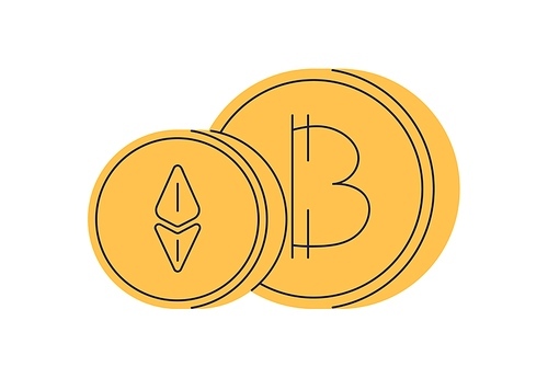 Cryptocurrency, bitcoin and ethereum coins. Crypto currency, digital blockchain money. Etherium and BTC, bit token. Decentralized finance. Flat vector illustration isolated on white background.
