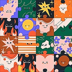 Faces on puzzle pieces, seamless pattern design. Cute characters, happy and sad emotions, facial expressions, endless background. Repeating print for textile. Colored flat graphic vector illustration.