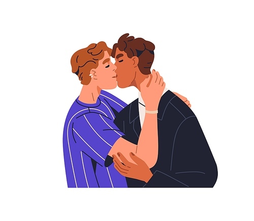 Men couple kissing. Gay partners in romantic relationships. LGBT guys in love, passion. Homosexual boyfriends, lovers. Enamored male valentines. Flat vector illustration isolated on white background.