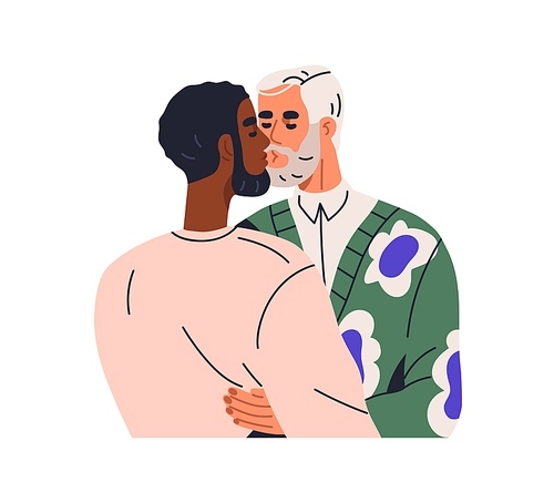 Gay couple kissing, hugging. Two happy men in romantic relationships. Homosexual love. LGBT partners, male lovers of different age, race. Flat vector illustration isolated on white background.