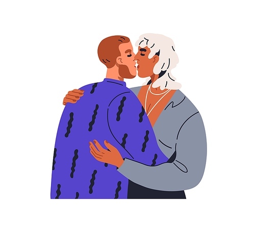 Kissing men, gay couple. Homosexual LGBT lovers in intimate, romantic relationships. Male valentines in love, passion, sexual desire. Flat graphic vector illustration isolated on white background.