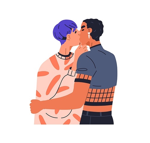 Gay couple kissing in lips with love, passion. Homosexual LGBT men, romantic partners. Passionate sexy LGBTQ boyfriends, lovers. Male valentines. Flat vector illustration isolated on white background.