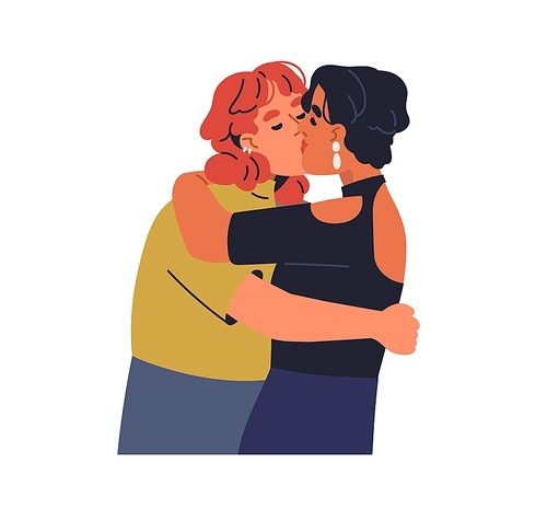Lesbian girls couple kissing with love. LGBT women hugging, embracing together. Young homosexual girlfriends in sexual romantic relationships. Flat vector illustration isolated on white background.