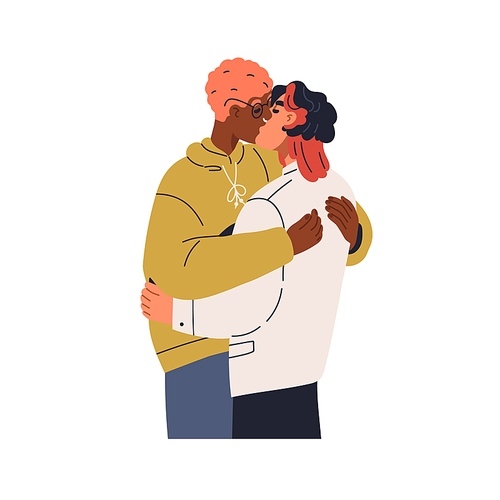 Homosexual men kissing in lips. Gay partners, romantic guys hugging, embracing with love. Sexy LGBT boyfriends, lovers. Male valentines. Flat vector illustration isolated on white background.