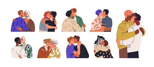 LGBT love couples kissing, hugging set. Romantic sexy gay and lesbian men, women embracing with passion. Intimate homosexual relationship. Flat vector illustrations isolated on white background.