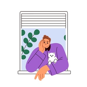 Man and cat looking out of open window. Happy pet owner and kitten watching outside from apartment, home together, breathing fresh air. Flat graphic vector illustration isolated on white background.