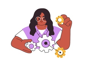 Student with cogwheels, gears in hands. Girl learner studying, learning cog wheels system, technology, engineering. Education concept. Flat graphic vector illustration isolated on white background.