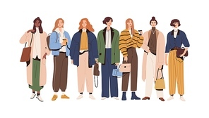 Group of stylish women wearing fashion outfits. Young female characters standing in modern casual clothes. People in trendy apparel. Colored flat vector illustration isolated on white background.