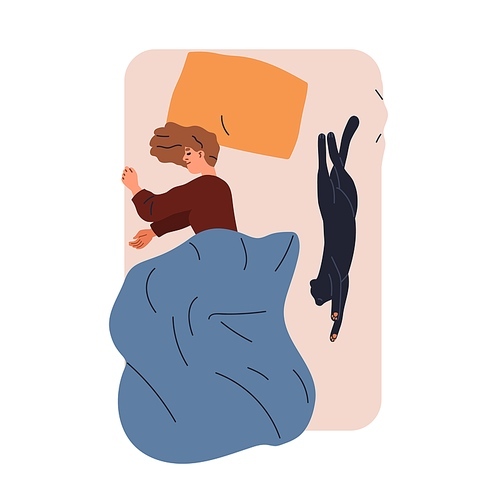 Woman and cat sleeping in bed together, top view. Girl and kitty pet asleep at night. Person dreaming, reposing, relaxing under duvet, blanket. Flat vector illustration isolated on white background.