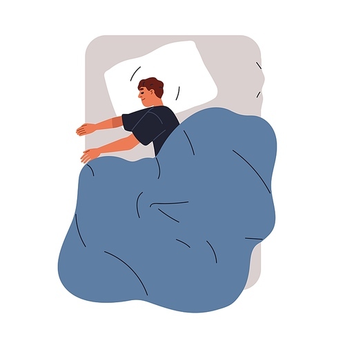 Happy man sleeping in bed. Sleeper lying in side position under blanket. Young guy asleep, relaxing on pillow. Sweet dream, repose, slumber. Flat vector illustration isolated on white background.