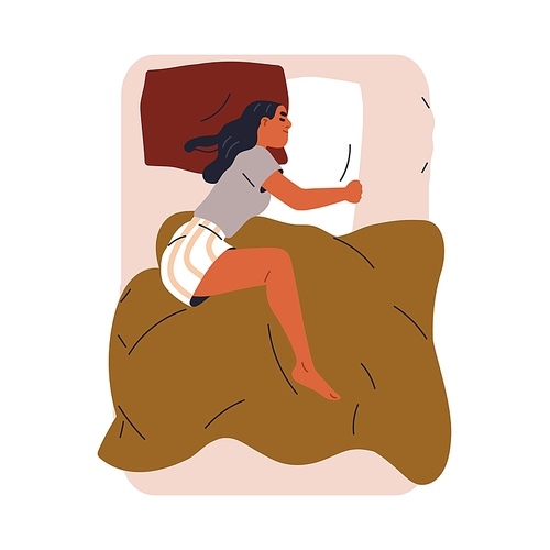 Woman asleep. Female sleeping alone on double bed, hugging pillow with arms, missing husband. Happy girl lying, dreaming, relaxing, top view. Flat vector illustration isolated on white background.