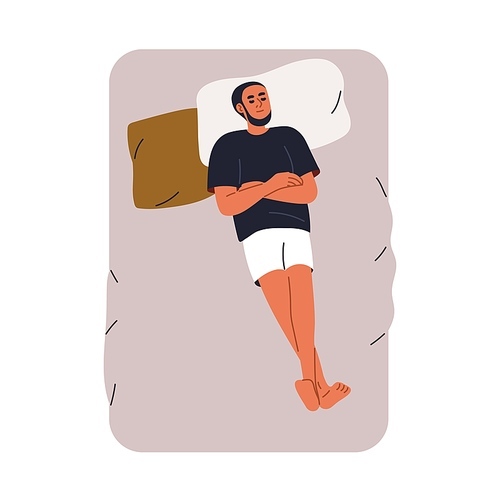 Man sleeping in bed, top view. Person asleep uncovered, lying, resting on pillow. Guy dreaming on back, slumbering with arms and legs crossed. Flat vector illustration isolated on white background.