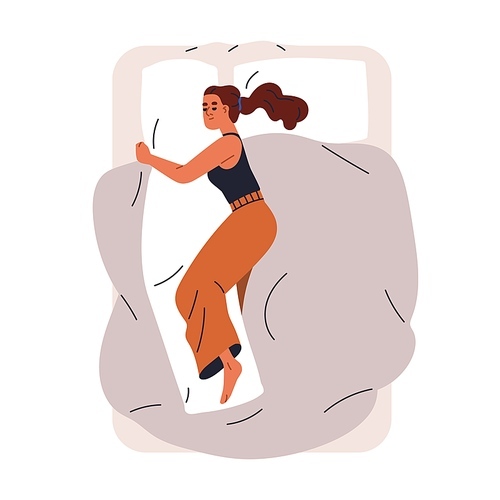 Woman sleeping, dreaming. Girl asleep in bed, lying on side, hugging long full-body pillow. Female resting, reposing, slumbering, top view. Flat vector illustration isolated on white background.