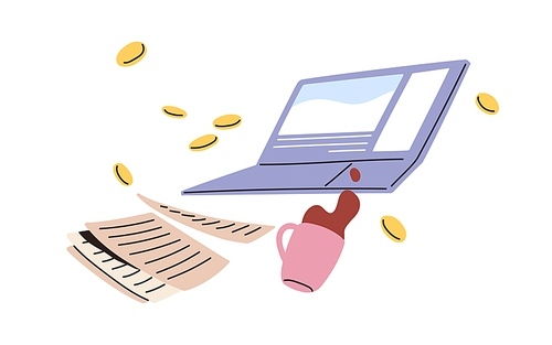 Laptop computer, paper documents, scattered money coins and coffee cup falling. Work fail, business problem, crisis, chaos and disorder concept. Flat vector illustration isolated on white background.