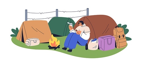 Refugee, poor homeless migrant at immigrants campsite. Person at tent, eating food at migrants camp, campground, border asylum, shelter. Flat vector illustration isolated on white background.