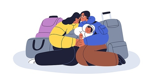 Refugees, migrants family with baby. Sad immigrants, homeless poor people with baggage, luggage, bags. Parents and kid foreigners in immigration. Flat vector illustration isolated on white background.