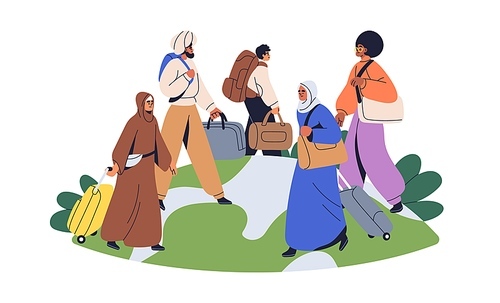 Refugees, migrants wandering around world. Migration, immigration, emigration, relocation concept. People immigrant, emigrant, tourists with bags. Flat vector illustration isolated on white background.