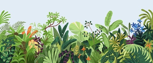 Nature background. Tropical green leaves, exotic plants, flowers, botanical border, floral banner, card design. Leaf greenery, lush garden, wild thickets, botany pattern. Flat vector illustration.