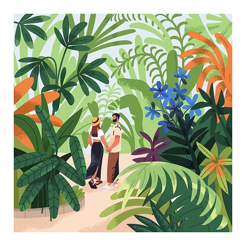 Love couple in nature, garden. Romantic man and woman, valentines walking in green park, tropical jungle with floral and leaf plants, flowers, greenery, vegetation around. Flat vector illustration.