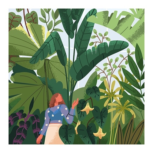 Woman walking among leaf plants in botanical garden, park. Person in green nature, card design. Floral conservatory with dense greenery, flora, leaves, tropical vegetations. Flat vector illustration.
