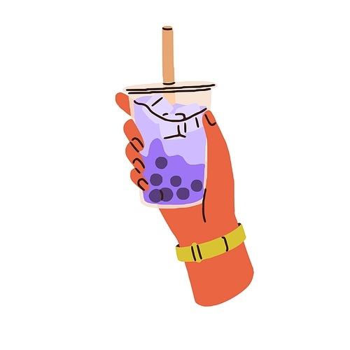 Boba bubble tea in hand. Thai taro milk drink, tapioca pearl beverage. Holding Asian Taiwan bubbletea refreshment in glass with straw. Flat graphic vector illustration isolated on white background.