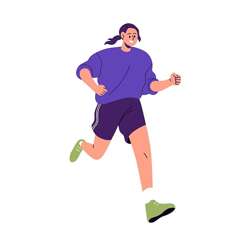 Woman running. Happy active girl jogging. Runner, cardio exercise, workout. Smiling female jogger training in sport shorts and sneakers. Flat vector illustration isolated on white background.