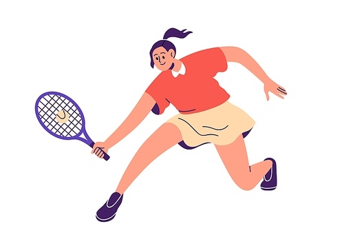 Tennis player. Woman athlete playing tenis, court game, sport. Girl character hitting ball with racket, exercising, training, workout. Flat graphic vector illustration isolated on white background.