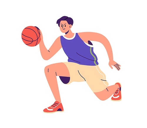 Basketball player. Man athlete playing sport game, dribbling ball. Male character, young active guy in action, training, exercising, workout. Flat vector illustration isolated on white background.