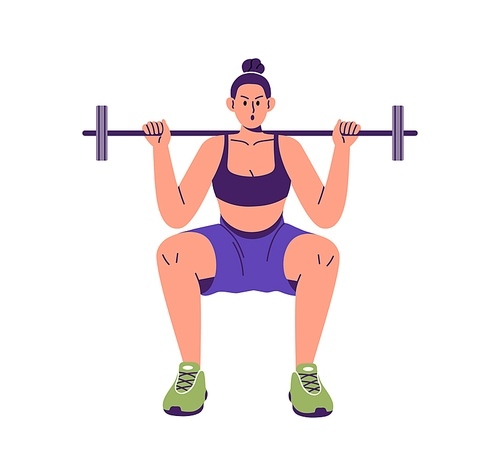 Woman doing squat with barbell. Girl exercising in gym, lifting weights. Female during sport, weightlifting workout, power training. Flat graphic vector illustration isolated on white background.