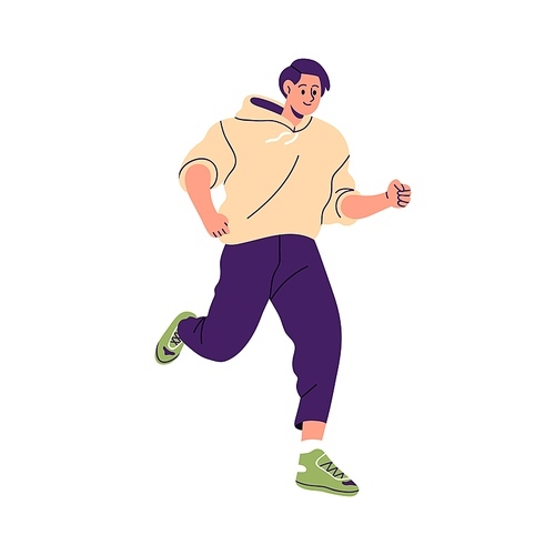 Man running. Young runner exercising. Male jogger training endurance, cardio sport workout. Active person jogging in hoodie and trainers. Flat vector illustration isolated on white background.