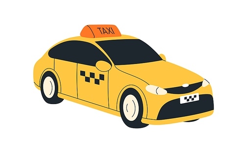 Taxi car. Taxicab, yellow passenger auto transport. Classic cab automobile, city motor vehicle with sign on roof. Urban road service. Flat vector illustration isolated on white background.