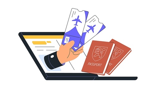 Booking and buying air flight tickets, trip, holiday travel online. Airline boarding pass with passport, documents, plane checkin in internet. Flat vector illustration isolated on white background.