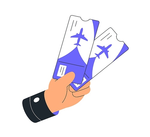 Two air flight tickets, boarding passes in hand. Tourist, passenger holding checkin papers for airline, airplane travel, showing for checking. Flat vector illustration isolated on white background.