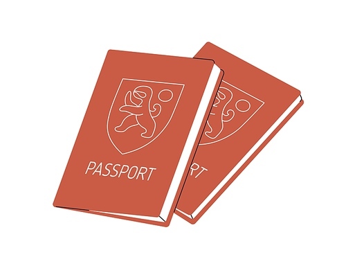 Two passport books. Identity, nationality and citizenship, paper documents icon. Official identification personal docs pair, abstract cover. Flat vector illustration isolated on white background.