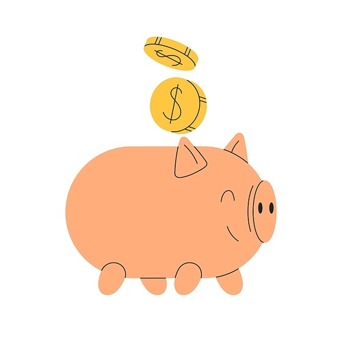 Saving money with pig bank, piggy box. Putting coins, cash into piggybank, moneybox for future. Finance, deposit, capital and budget concept. Flat vector illustration isolated on white background.