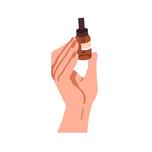 Dropper bottle in hand. Holding serum, cosmetic oil. Beauty product, moisturizing skincare cosmetics in glass package. Skin care essence. Flat vector illustration isolated on white background.