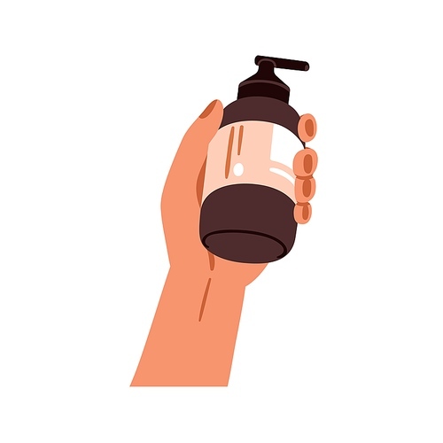 Cosmetic bottle, pump container in hand. Beauty skin care product for shower. Holding shampoo, body gel, washing soap, moisturizing cream. Flat vector illustration isolated on white background.