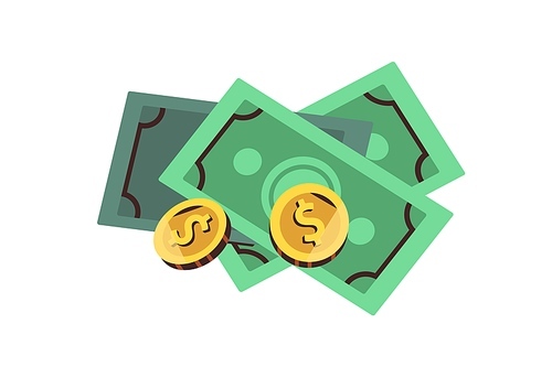 Money, paper banknotes and coins. Cash, dollar bills. American finance, bank notes icon. Earnings, revenue, income, financial concept. Colored flat vector illustration isolated on white background.