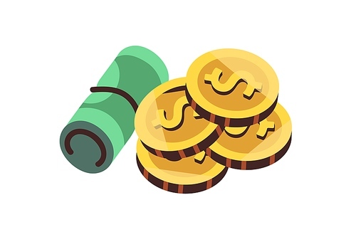 Money, rolled banknotes and gold coins. Cash savings, dollar bills. Financial concept. Green banknotes and metal finance. American currency. Flat vector illustration isolated on white background.