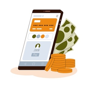 Online banking app on smartphone. Mobile application for payment and money transactions. Digital finance, fintech service on smart phone screen. Flat vector illustration isolated on white background.