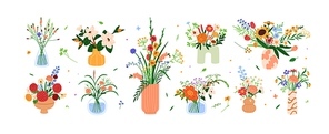 Flower bouquets set. Floral bunches in vases. Cut garden and field blooms, blossomed spring summer plants arrangements. Nature decoration. Flat graphic vector illustration isolated on white background.