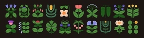 Floral botanical icons, elements set. Flowers, blooming plants, summer blossoms, leaf branches, wildflowers in whimsical shape. Decorative modern stylized garden flora. Flat vector illustrations.