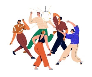 Happy people dancing at disco party. Excited men, women group moving to music. Rave and fun at night club. Young characters at discotheque. Flat vector illustration isolated on white background.