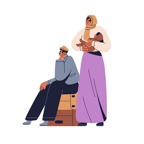 Refugees family with baby. Parents immigrants with luggage, kid waiting for moving. Foreigners emigrants. Migration, immigration concept. Flat graphic vector illustration isolated on white background.