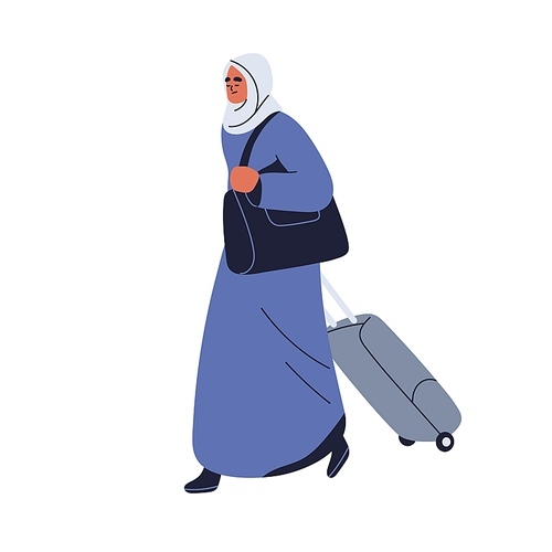 Arab woman refugee walking with suitcase, luggage. Sad upset character, Muslim immigrant in hijab. Asylum seeker, migrant going with baggage. Flat vector illustration isolated on white background.