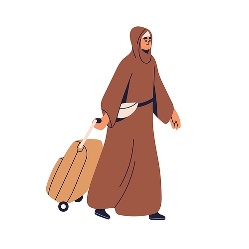 Refugee woman with suitcase. Muslim female immigrant, walking with luggage. Arab migrant, migration. Sad stressed character moving for asylum. Flat vector illustration isolated on white background.