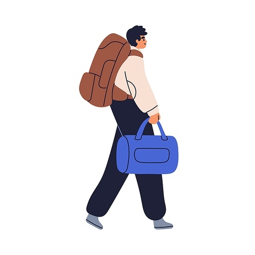 Man with luggage. Tourist walking, carrying bags, backpack. Migrant, nomad traveler moving and roaming with baggage. Travel, relocation. Flat vector illustration isolated on white background.